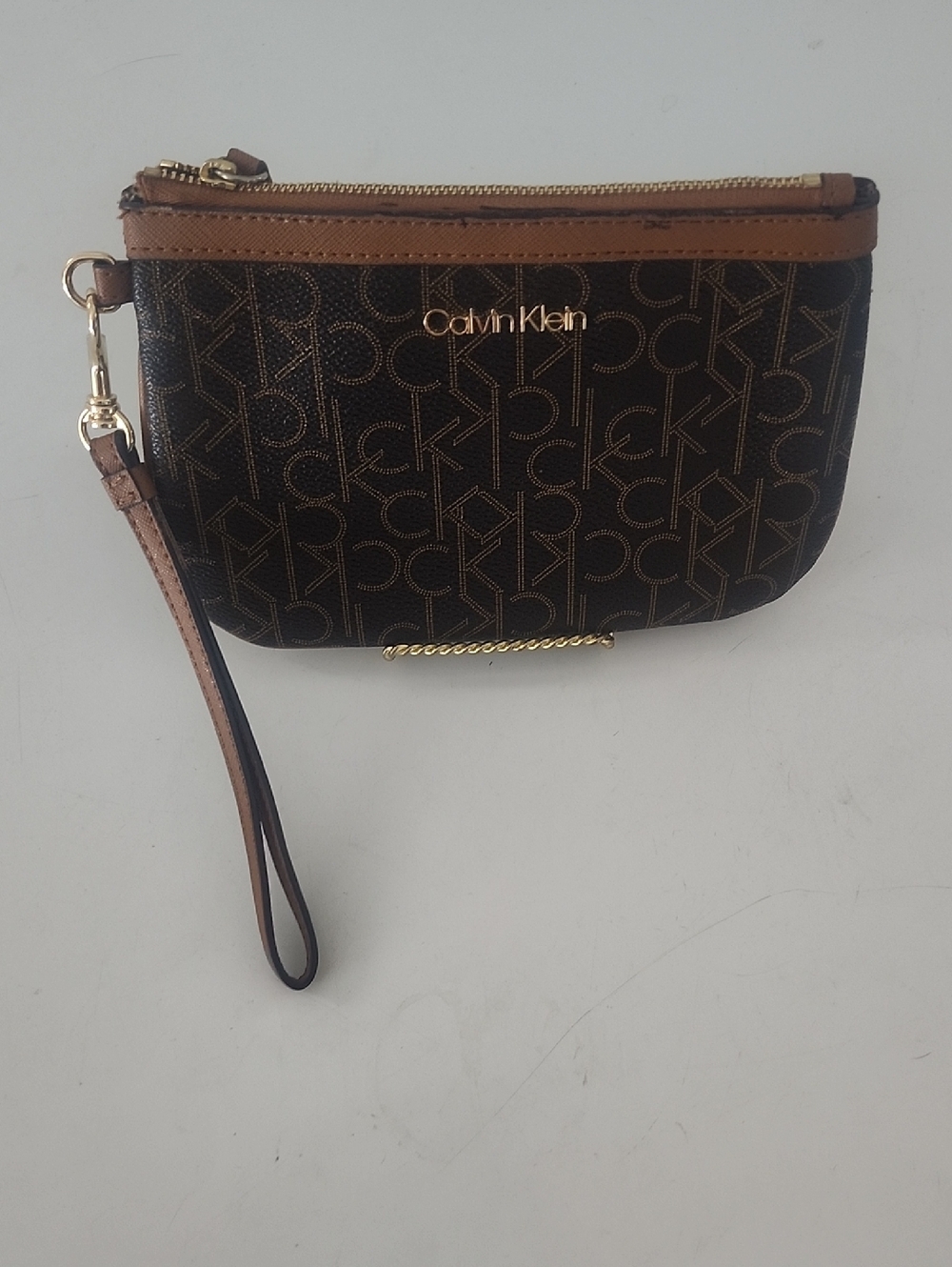 Calvin Klein Brown and Tan Logo Wristlet with Gold Hardware